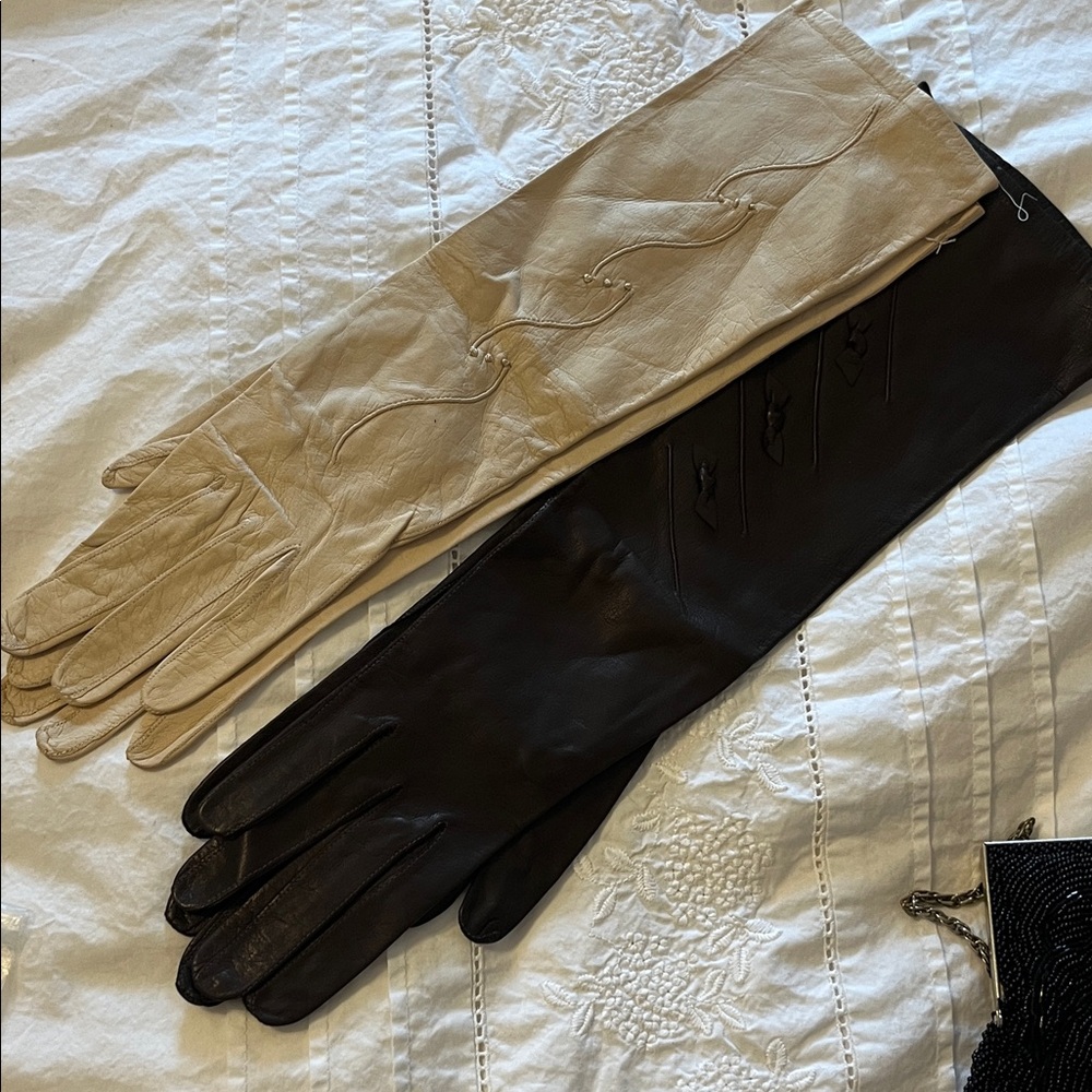 Pair of Long Leather Opera Gloves in Beige and brown